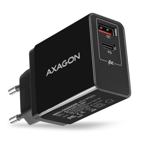 ACU-PQ22 Ładowarka sieciowa, PD & QC 22W, 2x port (USB-A + USB-C), PD3.0/QC3.0/AFC/FCP/Apple, czarna