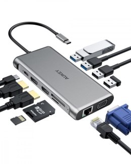 CB-C78 aluminiowy HUB USB-C | 12w1 | RJ45 Ethernet 10/100/1000Mbps | 2xUSB 3.1 | 2xUSB 2.0 | 2xHDMI 4k@30Hz | VGA | SD i microSD