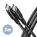 BUCM-CM30AB Kabel USB-C - USB-C 2.0, 3m, PD 60W, 3A, ALU, oplot, Czarny