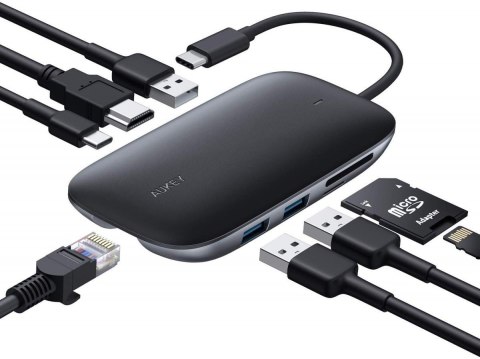 CB-C71 aluminiowy HUB USB-C | 8w1 | RJ45 Ethernet 10/100/1000Mbps | 3xUSB 3.1 | HDMI 4k@30Hz | SD i microSD | USB-C Power Delive