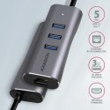 HMA-GL3AP Wieloportowy hub metalowy 3x USB-A + GLAN, USB 3.2 Gen 1, 20cm USB-A kabel, microUSB dodatkowe zasilanie